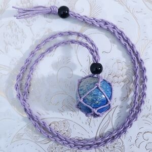 2 Ways Blue Lapis Lazuli Sphere Crystal Purple Macrame Pendant Fairy Necklace